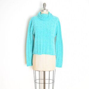 vintage y2k sweater top blue chenille knit funnel turtleneck shirt cropped L XL